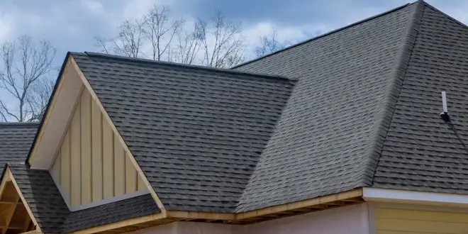 Assortment of residential rooftops showing different roofing materials
