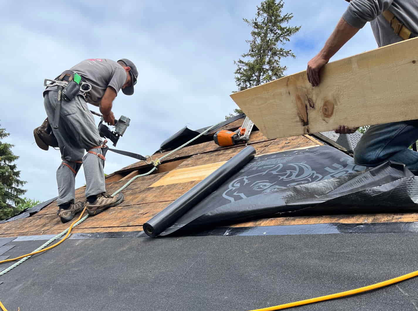 Weldon Roofing crew installing underlayment on a Collingwood roof